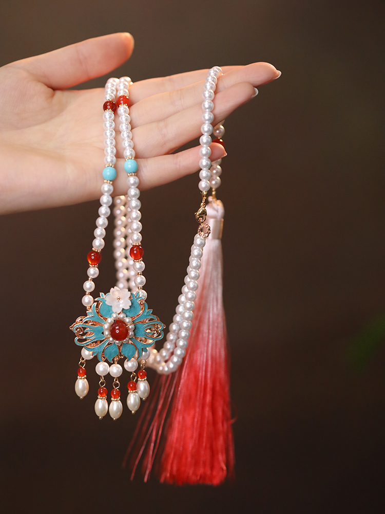 Ancient Style Blue Horse Face Skirt Necklace - Autumn Winter Qipao Accessory with Cloud Tassel - Hanfu Inspired Fashion Jewelry Ancient Style Blue Horse Face Skirt Necklace - Autumn Winter Qipao Accessory with Cloud Tassel - Hanfu Inspired Fashion Jewelry