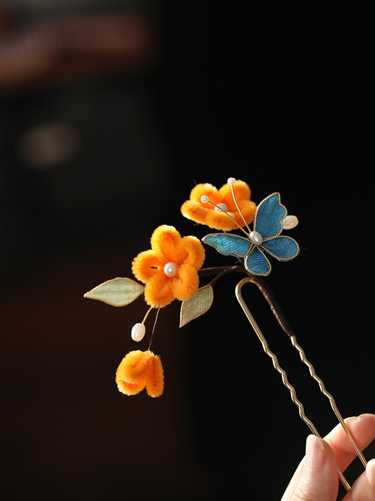 Ancient Style Floral Hairpin - Tang Dynasty Hanfu Side Bun Accessory, Imitation Velvet Butterfly Hair Clip, New Chinese Fashion Ancient Style Floral Hairpin - Tang Dynasty Hanfu Side Bun Accessory, Imitation Velvet Butterfly Hair Clip, New Chinese Fashion