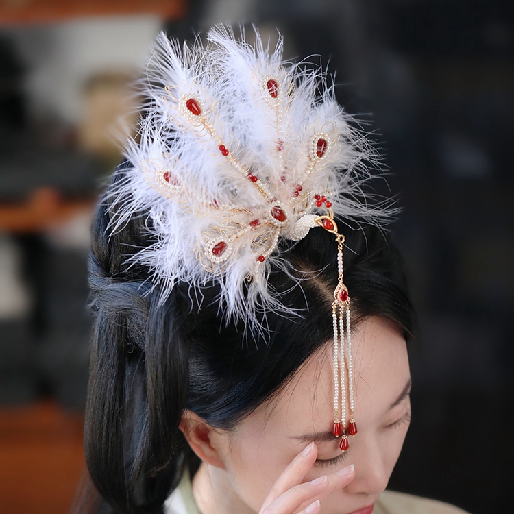 Ancient Style Phoenix Crown Headdress with Feathers and Tassels, Fairy-Like Hairpin for Classical Dance and Costume
