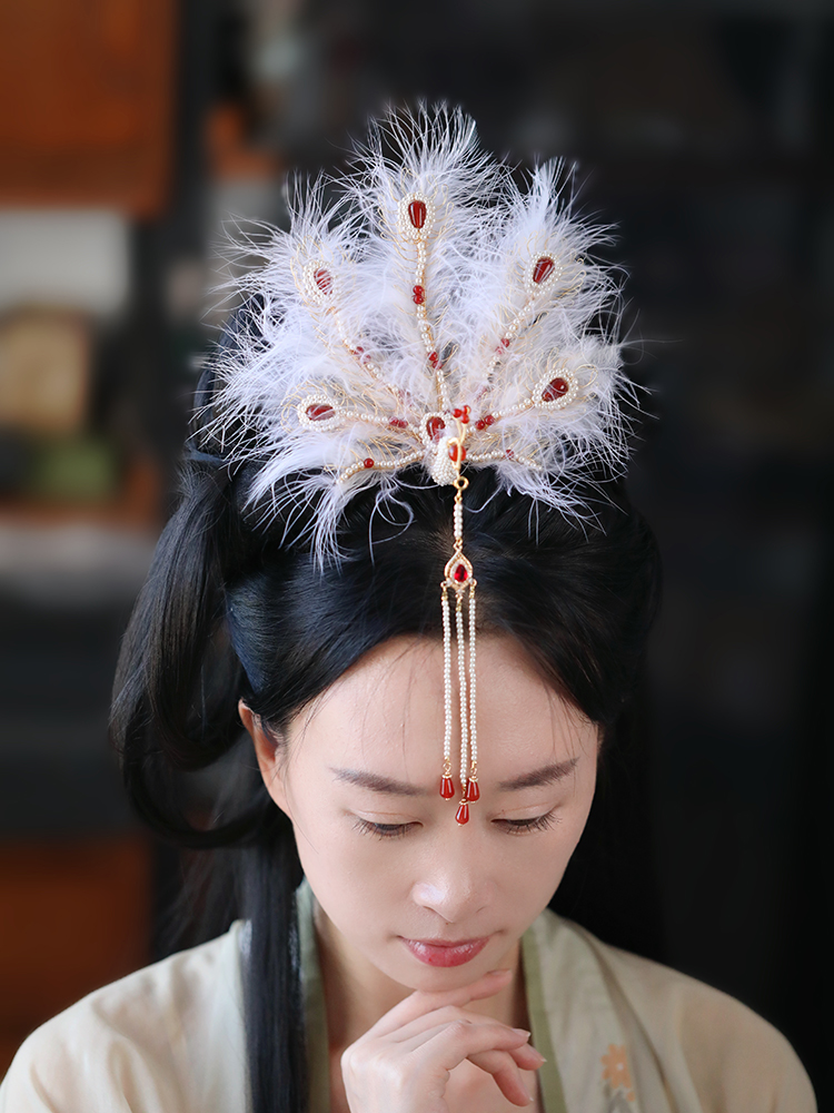 Ancient Style Phoenix Crown Headdress with Feathers and Tassels, Fairy-Like Hairpin for Classical Dance and Costume