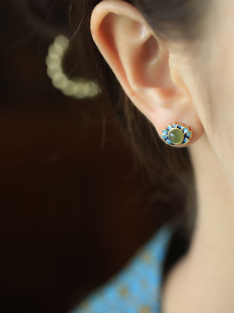 Ancient Style Retro Lotus Hetian Jade Pure Silver Earrings for Women, High-Quality Enamel Design, Elegant Fashion Jewelry Ancient Style Retro Lotus Hetian Jade Pure Silver Earrings for Women, High-Quality Enamel Design, Elegant Fashion Jewelry