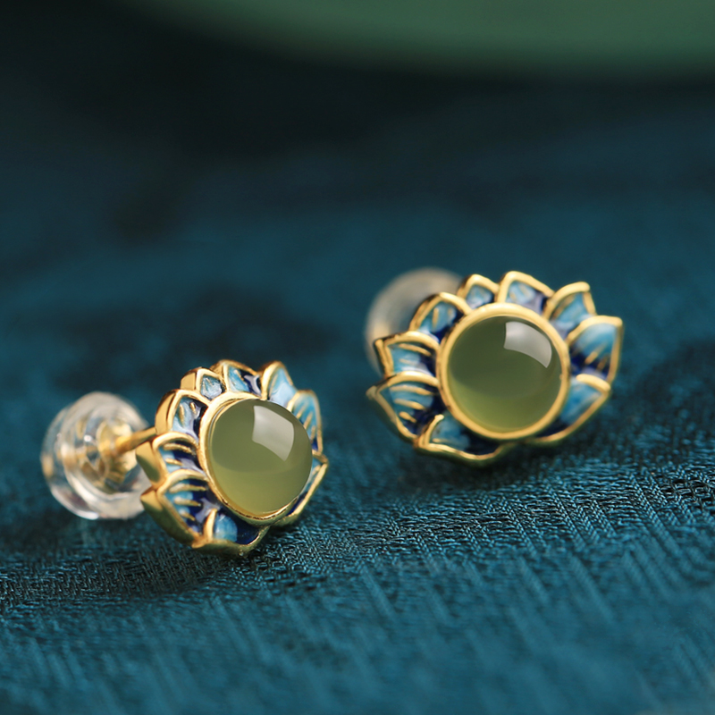 Ancient Style Retro Lotus Hetian Jade Pure Silver Earrings for Women, High-Quality Enamel Design, Elegant Fashion Jewelry
