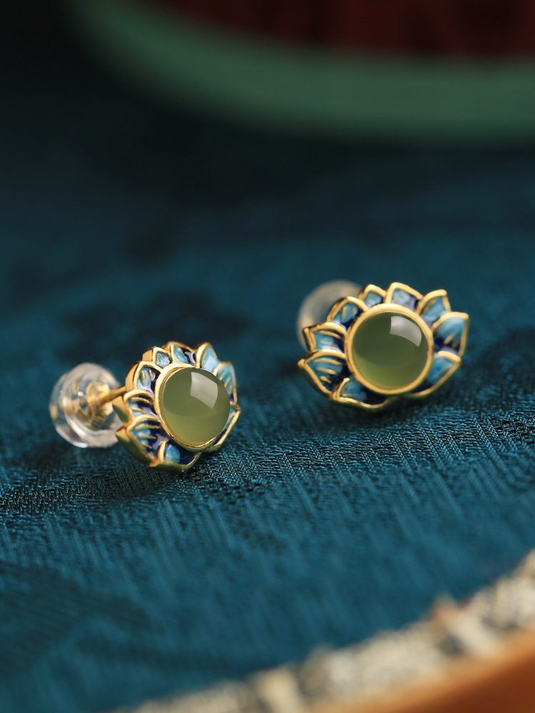 Ancient Style Retro Lotus Hetian Jade Pure Silver Earrings for Women, High-Quality Enamel Design, Elegant Fashion Jewelry Ancient Style Retro Lotus Hetian Jade Pure Silver Earrings for Women, High-Quality Enamel Design, Elegant Fashion Jewelry