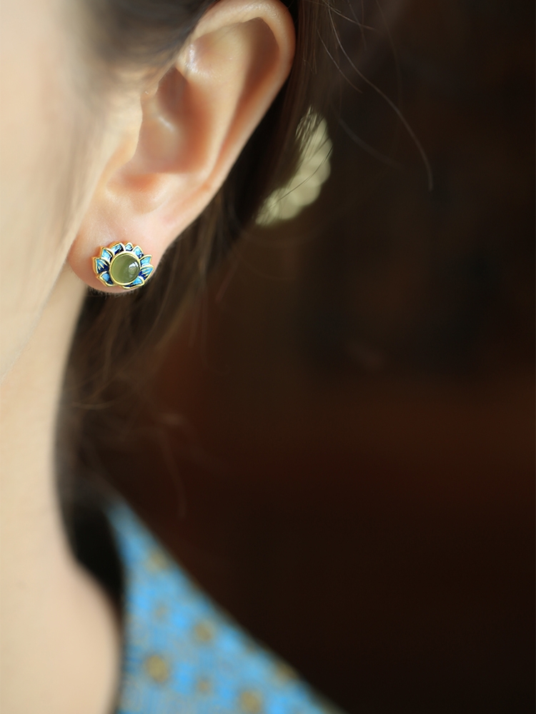 Ancient Style Retro Lotus Hetian Jade Pure Silver Earrings for Women, High-Quality Enamel Design, Elegant Fashion Jewelry Ancient Style Retro Lotus Hetian Jade Pure Silver Earrings for Women, High-Quality Enamel Design, Elegant Fashion Jewelry