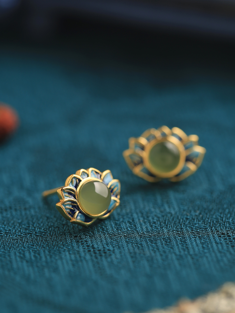 Ancient Style Retro Lotus Hetian Jade Pure Silver Earrings for Women, High-Quality Enamel Design, Elegant Fashion Jewelry Ancient Style Retro Lotus Hetian Jade Pure Silver Earrings for Women, High-Quality Enamel Design, Elegant Fashion Jewelry