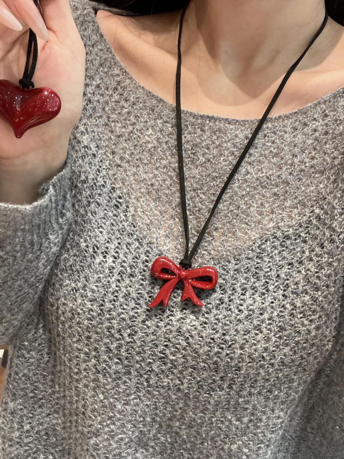 Ankara Red Butterfly Sweatshirt with Heart Pendant, Versatile Long Black Leather Cord Necklace Accessory for Girls Ankara Red Butterfly Sweatshirt with Heart Pendant, Versatile Long Black Leather Cord Necklace Accessory for Girls