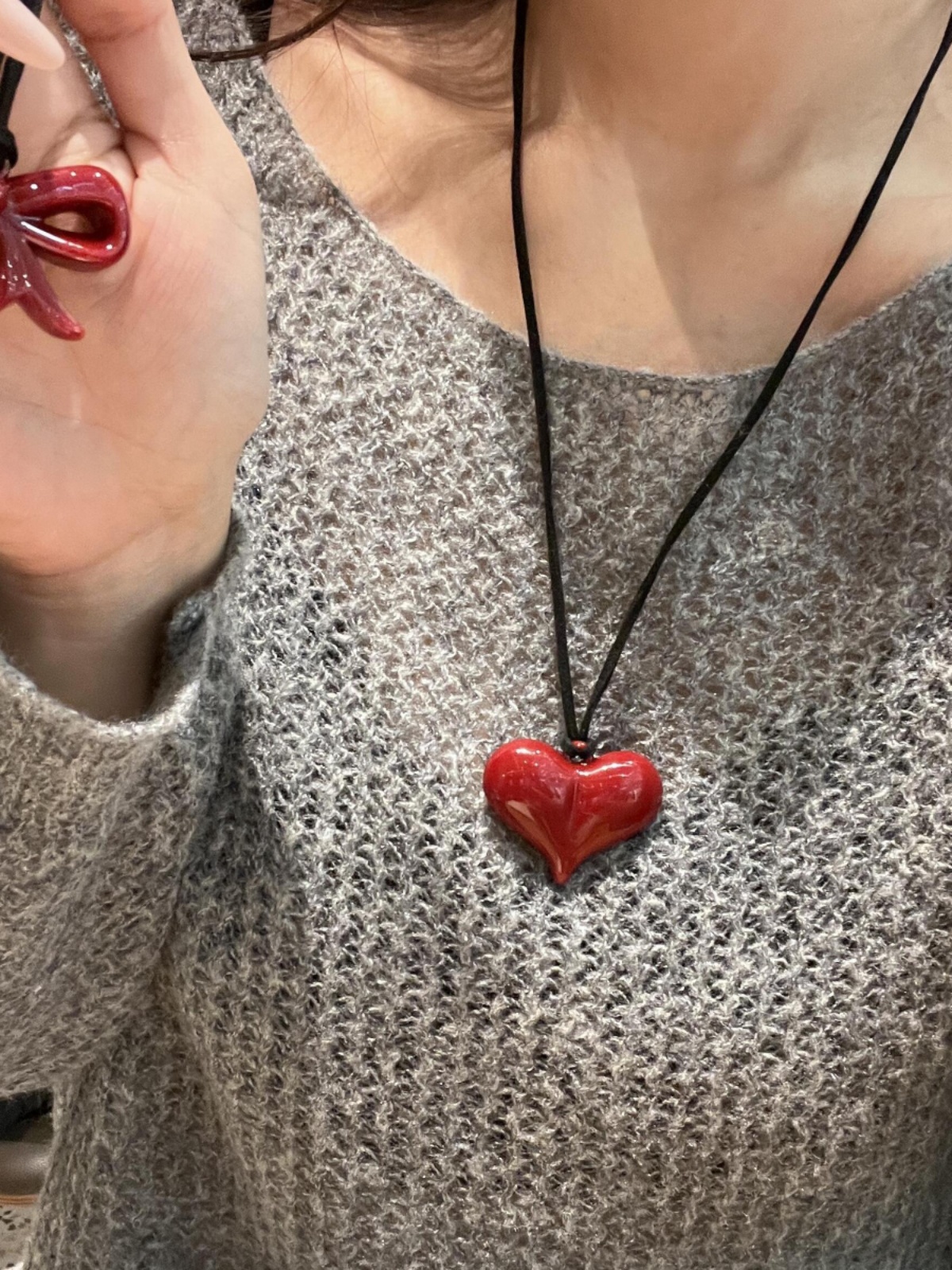 Ankara Red Butterfly Sweatshirt with Heart Pendant, Versatile Long Black Leather Cord Necklace Accessory for Girls Ankara Red Butterfly Sweatshirt with Heart Pendant, Versatile Long Black Leather Cord Necklace Accessory for Girls