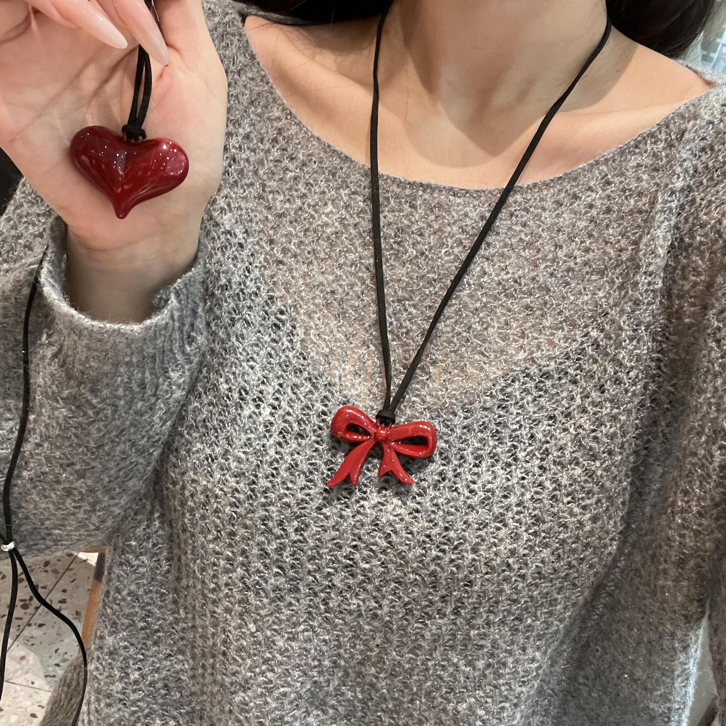 Ankara Red Butterfly Sweatshirt with Heart Pendant, Versatile Long Black Leather Cord Necklace Accessory for Girls Ankara Red Butterfly Sweatshirt with Heart Pendant, Versatile Long Black Leather Cord Necklace Accessory for Girls