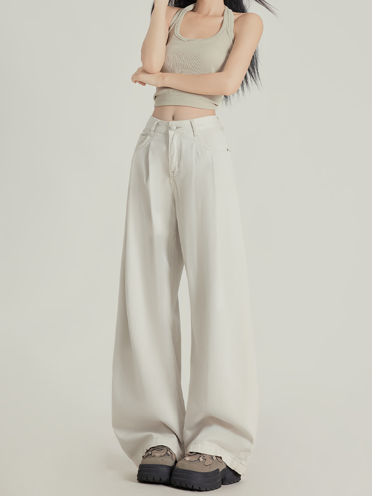 Apricot Pleated High-Waisted Loose-Fit Wide-Leg Jeans for Women - 2025 Spring/Summer Casual Style Apricot Pleated High-Waisted Loose-Fit Wide-Leg Jeans for Women - 2025 Spring/Summer Casual Style