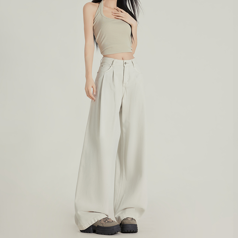 Apricot Pleated High-Waisted Loose-Fit Wide-Leg Jeans for Women - 2025 Spring/Summer Casual Style Apricot Pleated High-Waisted Loose-Fit Wide-Leg Jeans for Women - 2025 Spring/Summer Casual Style