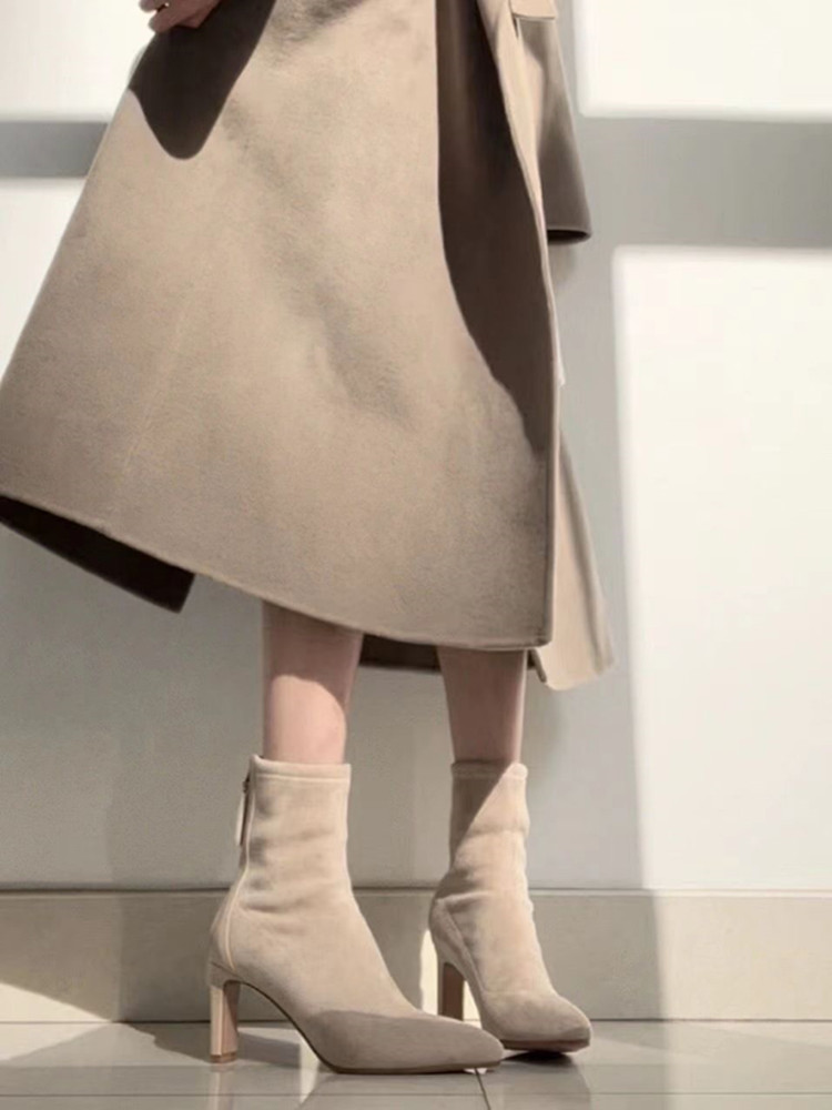 Apricot Suede High-Heeled Ankle Boots for Women - 2025 Autumn Winter Stiletto Pointed Chunky Heel Elastic Sock Boots Apricot Suede High-Heeled Ankle Boots for Women - 2025 Autumn Winter Stiletto Pointed Chunky Heel Elastic Sock Boots