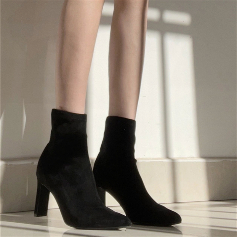 Apricot Suede High-Heeled Ankle Boots for Women - 2025 Autumn Winter Stiletto Pointed Chunky Heel Elastic Sock Boots Apricot Suede High-Heeled Ankle Boots for Women - 2025 Autumn Winter Stiletto Pointed Chunky Heel Elastic Sock Boots