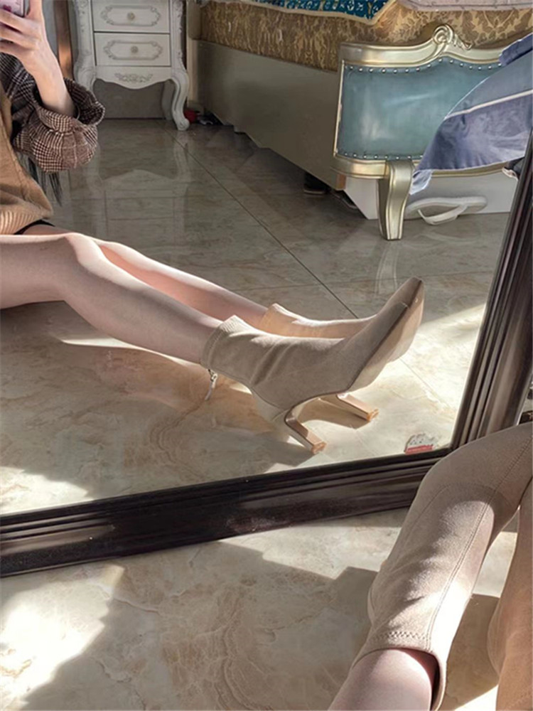 Apricot Suede High-Heeled Ankle Boots for Women - 2025 Autumn Winter Stiletto Pointed Chunky Heel Elastic Sock Boots Apricot Suede High-Heeled Ankle Boots for Women - 2025 Autumn Winter Stiletto Pointed Chunky Heel Elastic Sock Boots