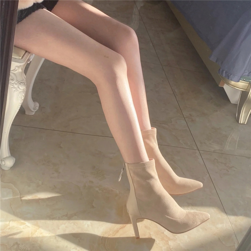 Apricot Suede High-Heeled Ankle Boots for Women - 2025 Autumn Winter Stiletto Pointed Chunky Heel Elastic Sock Boots Apricot Suede High-Heeled Ankle Boots for Women - 2025 Autumn Winter Stiletto Pointed Chunky Heel Elastic Sock Boots