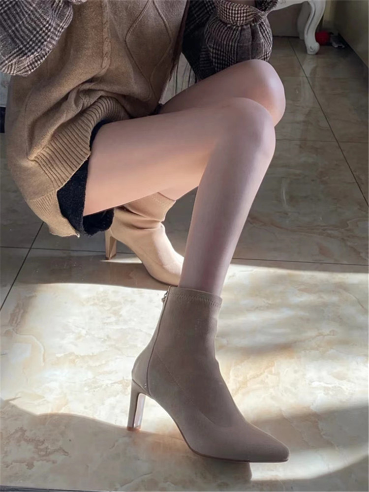 Apricot Suede High-Heeled Ankle Boots for Women - 2025 Autumn Winter Stiletto Pointed Chunky Heel Elastic Sock Boots Apricot Suede High-Heeled Ankle Boots for Women - 2025 Autumn Winter Stiletto Pointed Chunky Heel Elastic Sock Boots