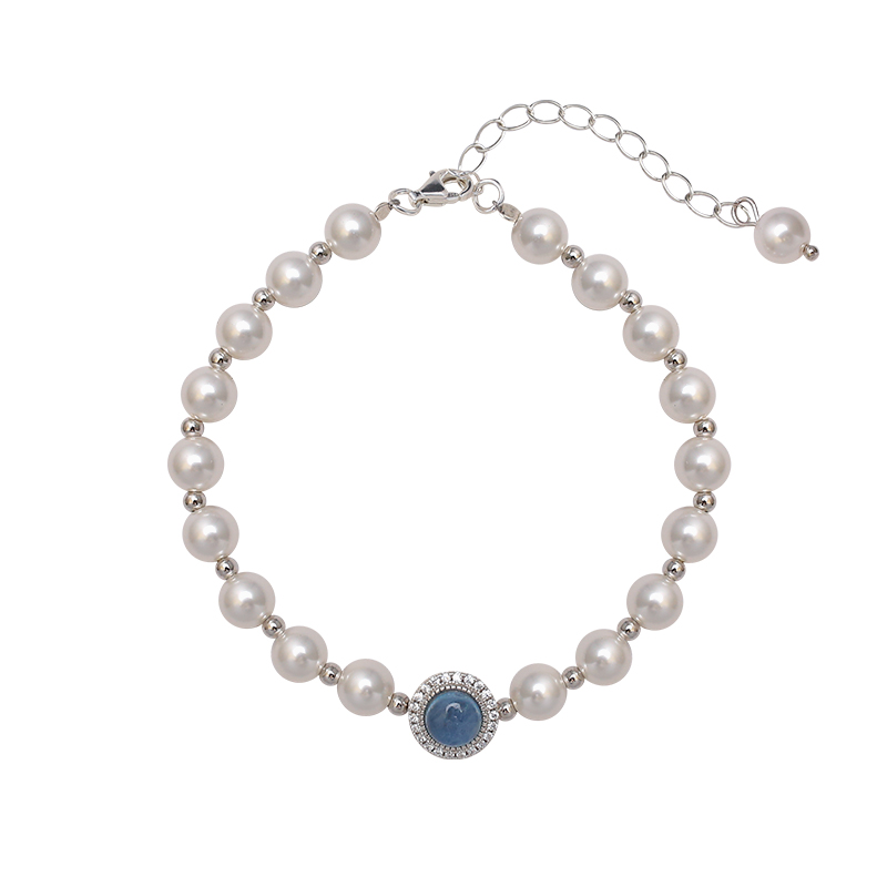 Aquamarine Round Pearl Bracelet for Women, S925 Pure Silver, Light Luxury, High-End French Style Jewelry Aquamarine Round Pearl Bracelet for Women, S925 Pure Silver, Light Luxury, High-End French Style Jewelry