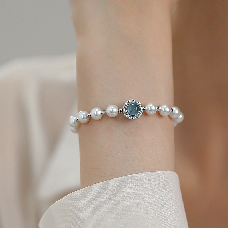Aquamarine Round Pearl Bracelet for Women, S925 Pure Silver, Light Luxury, High-End French Style Jewelry Aquamarine Round Pearl Bracelet for Women, S925 Pure Silver, Light Luxury, High-End French Style Jewelry