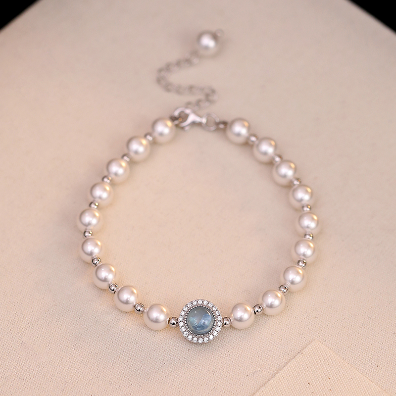 Aquamarine Round Pearl Bracelet for Women, S925 Pure Silver, Light Luxury, High-End French Style Jewelry Aquamarine Round Pearl Bracelet for Women, S925 Pure Silver, Light Luxury, High-End French Style Jewelry