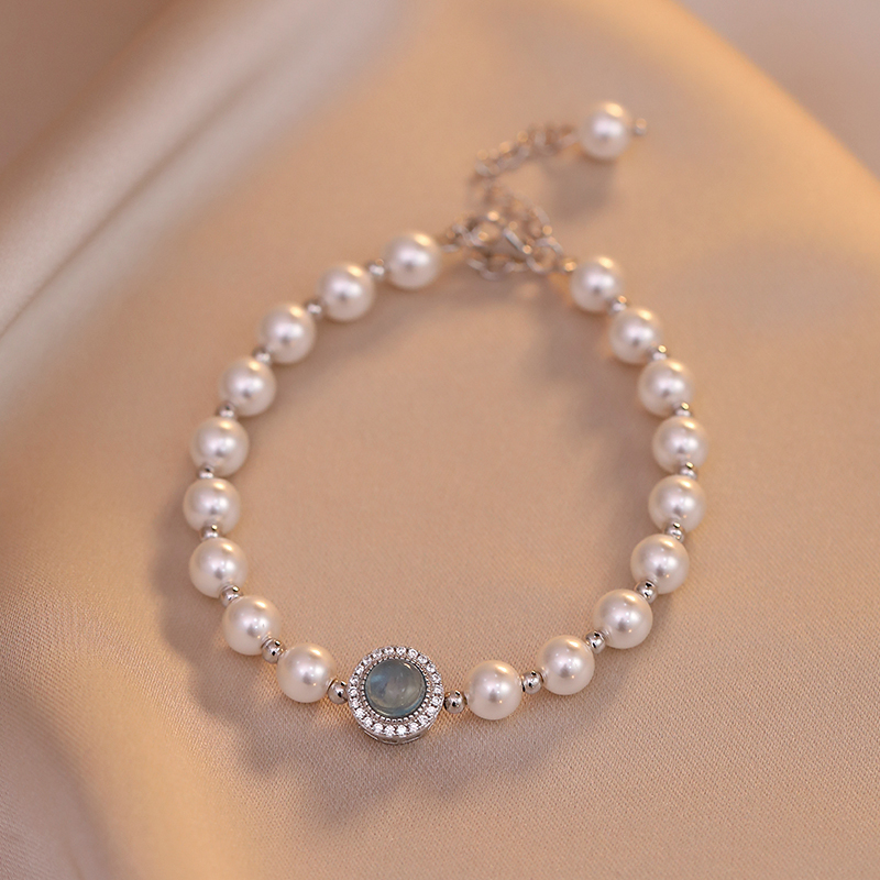 Aquamarine Round Pearl Bracelet for Women, S925 Pure Silver, Light Luxury, High-End French Style Jewelry