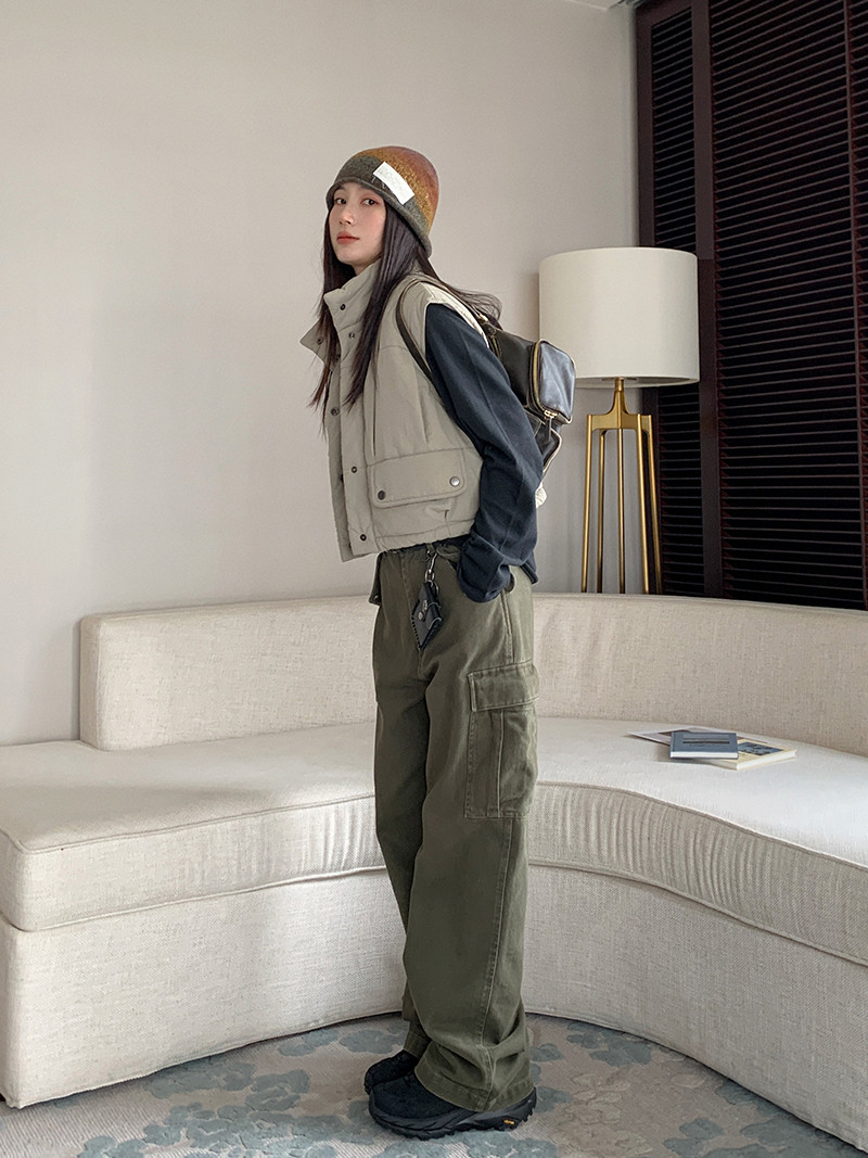 Army Green Multi-Pocket Straight Leg Work Pants for Women | Loose Slim Casual Vintage Style Wide Leg Trousers