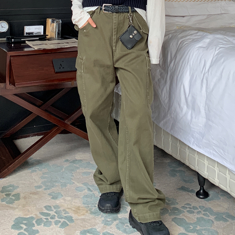 Army Green Multi-Pocket Straight Leg Work Pants for Women | Loose Slim Casual Vintage Style Wide Leg Trousers