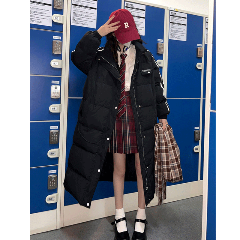 Art School Over-the-Knee Down Jacket for Women, Thickened Winter Coat, Pudding Bear Style, Warm Academy Look, Trendy Streetwear