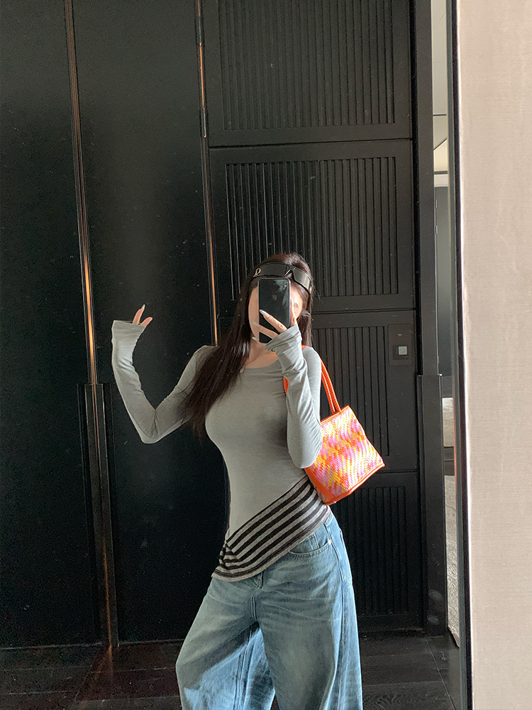 Asymmetrical Hem Knitted Long Sleeve T-Shirt Top with Hidden Stripes for Women - Spring Fashion Essential, Casual Chic Style Asymmetrical Hem Knitted Long Sleeve T-Shirt Top with Hidden Stripes for Women - Spring Fashion Essential, Casual Chic Style