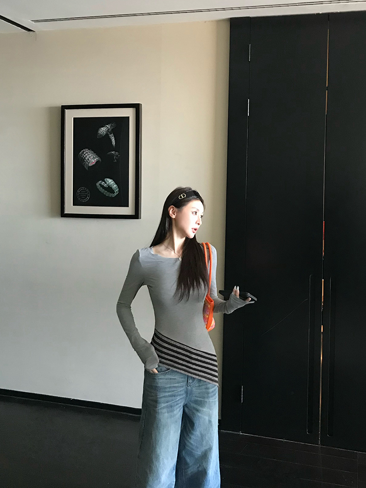 Asymmetrical Hem Knitted Long Sleeve T-Shirt Top with Hidden Stripes for Women - Spring Fashion Essential, Casual Chic Style Asymmetrical Hem Knitted Long Sleeve T-Shirt Top with Hidden Stripes for Women - Spring Fashion Essential, Casual Chic Style