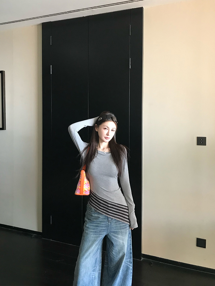 Asymmetrical Hem Knitted Long Sleeve T-Shirt Top with Hidden Stripes for Women - Spring Fashion Essential, Casual Chic Style