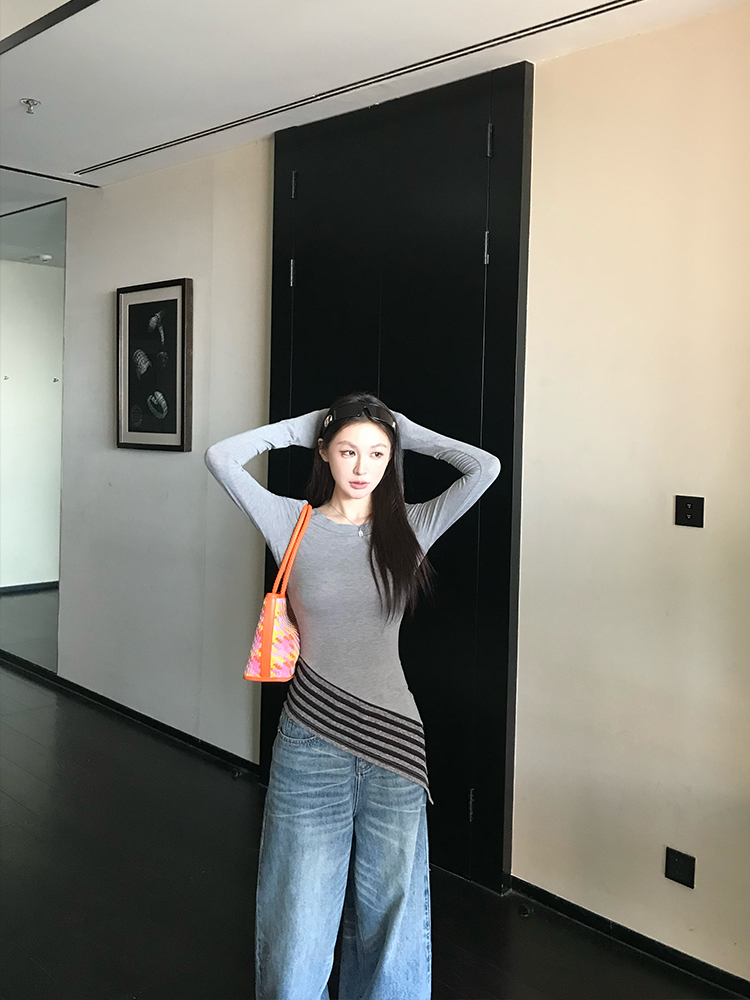 Asymmetrical Hem Knitted Long Sleeve T-Shirt Top with Hidden Stripes for Women - Spring Fashion Essential, Casual Chic Style Asymmetrical Hem Knitted Long Sleeve T-Shirt Top with Hidden Stripes for Women - Spring Fashion Essential, Casual Chic Style