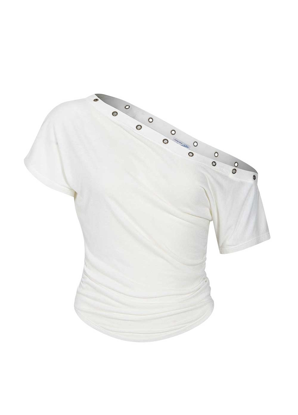 Asymmetrical Off-Shoulder Short Sleeve T-Shirt with Eyelet Detail - Trendy Hot Girl Top for Y2K and Korean Style Fashion Asymmetrical Off-Shoulder Short Sleeve T-Shirt with Eyelet Detail - Trendy Hot Girl Top for Y2K and Korean Style Fashion