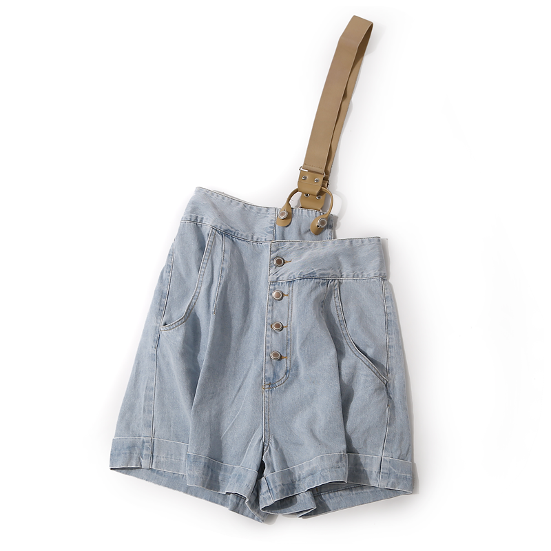 Asymmetrical One-Shoulder Denim Shorts with Side Tie and Buckle - Trendy Summer Women's Fashion in Korean Style Asymmetrical One-Shoulder Denim Shorts with Side Tie and Buckle - Trendy Summer Women's Fashion in Korean Style