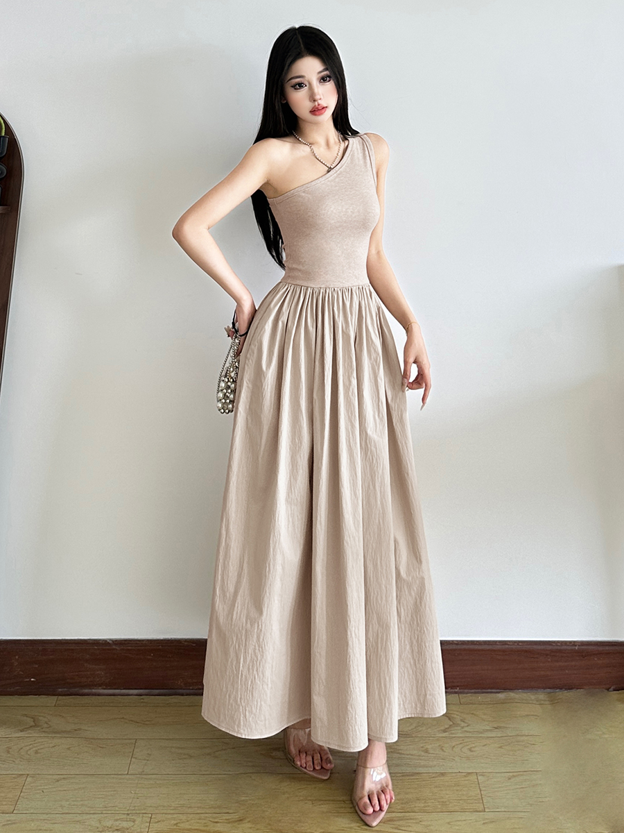 Asymmetrical One-Shoulder Dress for Women - Retro Solid Color, High Waist, Slim Fit, Elegant Temperament, 90s Inspired Long Dress