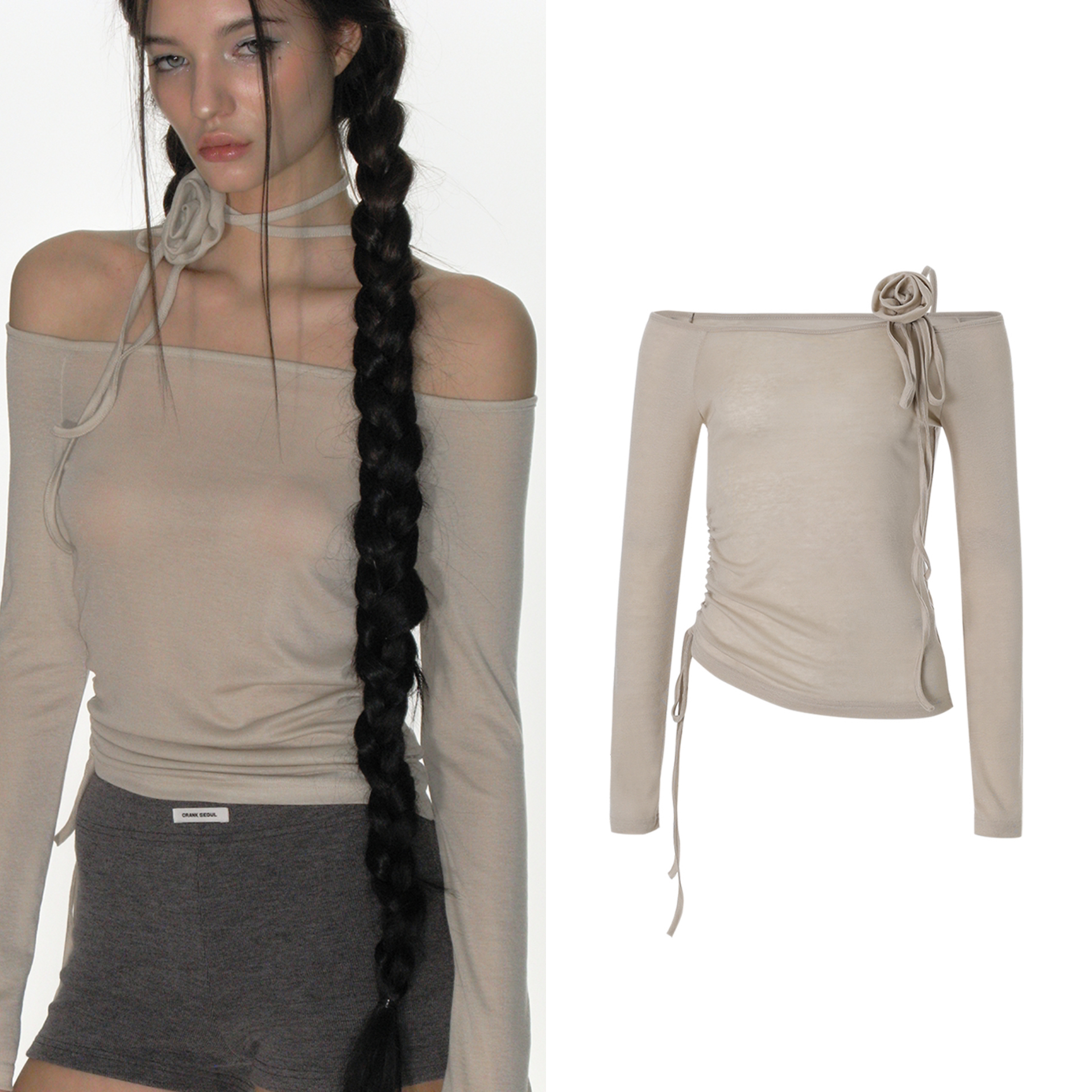 Asymmetrical One-Shoulder Slim Fit Tee - Lightweight Long Sleeve Korean Hot Girl Style with Rose Design for Spring/Summer 2025