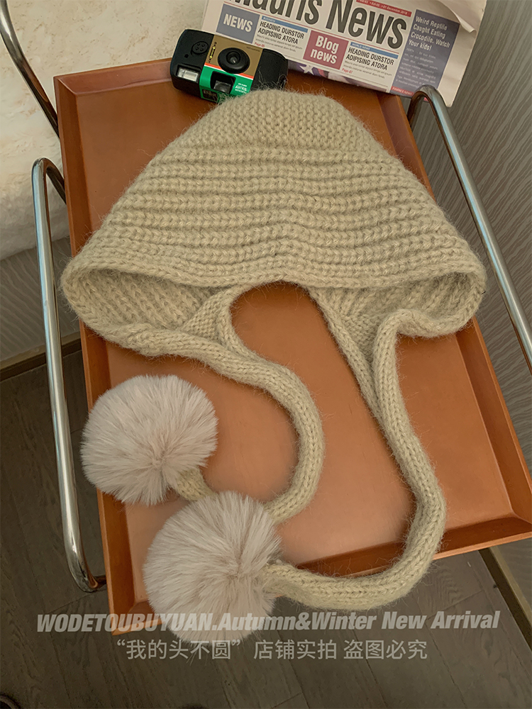 Autumn Winter Knitted Wool Hat for Women, Warm Pom-Pom Beanie, Versatile Face-Shaping Lei Feng Style, Cozy Ear Protection