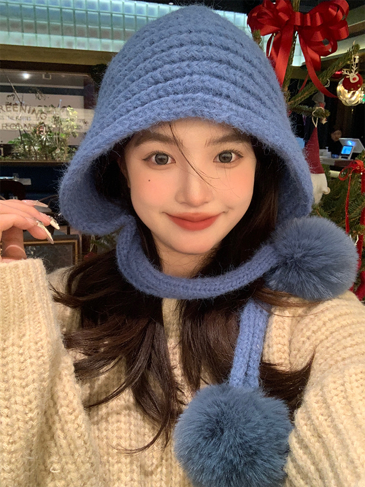Autumn Winter Knitted Wool Hat for Women, Warm Pom-Pom Beanie, Versatile Face-Shaping Lei Feng Style, Cozy Ear Protection Autumn Winter Knitted Wool Hat for Women, Warm Pom-Pom Beanie, Versatile Face-Shaping Lei Feng Style, Cozy Ear Protection