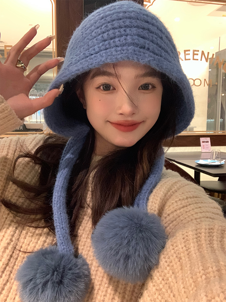Autumn Winter Knitted Wool Hat for Women, Warm Pom-Pom Beanie, Versatile Face-Shaping Lei Feng Style, Cozy Ear Protection Autumn Winter Knitted Wool Hat for Women, Warm Pom-Pom Beanie, Versatile Face-Shaping Lei Feng Style, Cozy Ear Protection