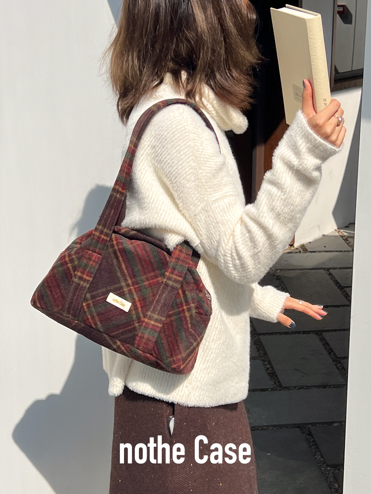 Autumn Winter Plaid Boston Bag - Large Capacity Versatile Textured Shoulder Bag for Everyday and Travel Style