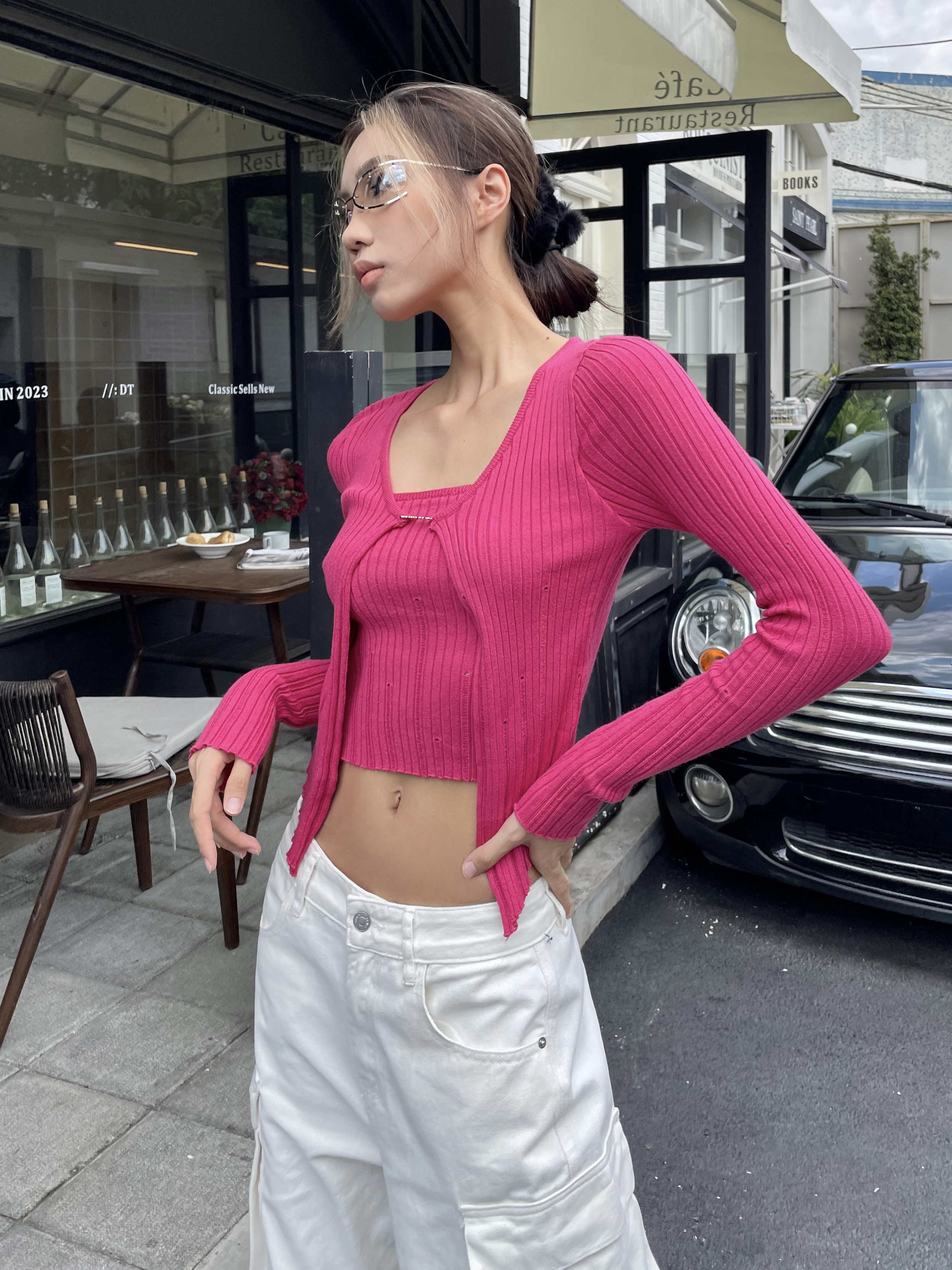 Autumn Winter Slimming Long-Sleeve Knitted Top - Sweet Faux Two-Piece Design, American Style for Trendy Women