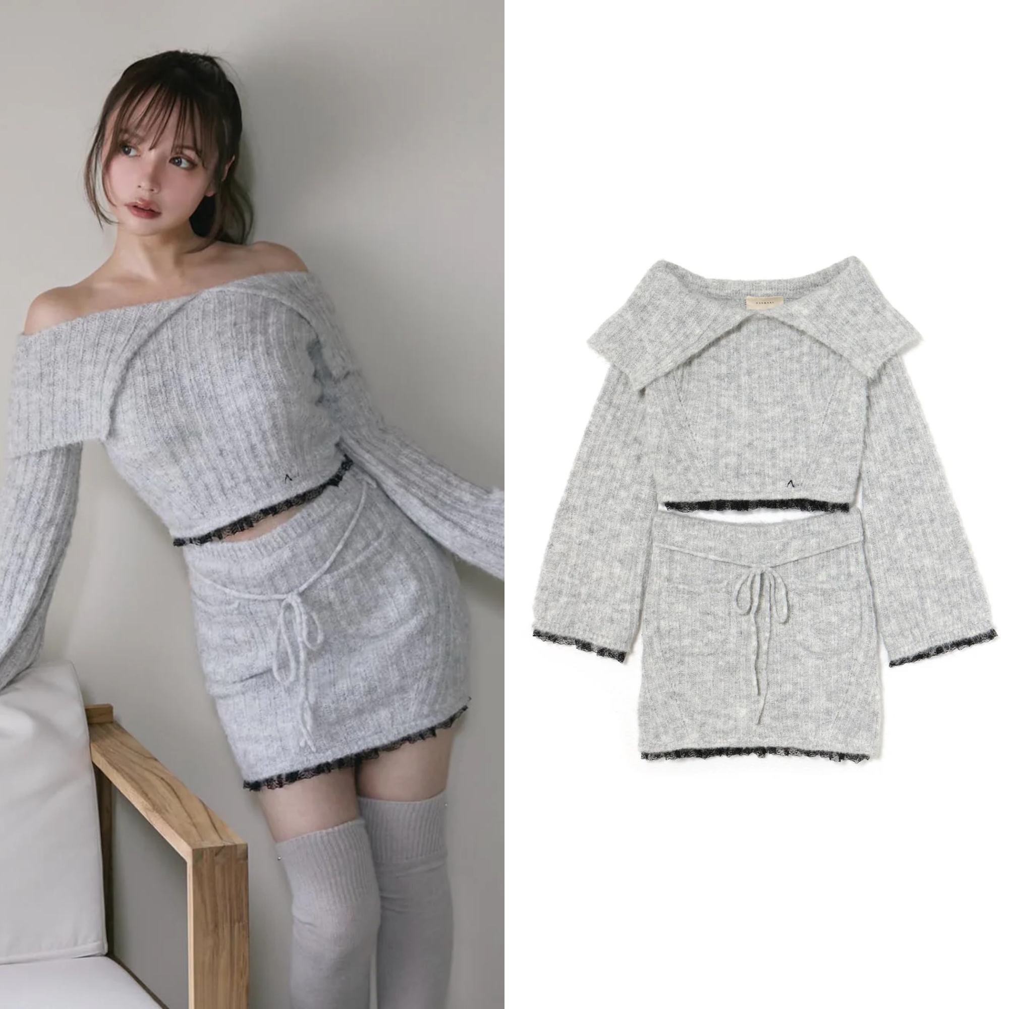 Autumn/Winter Japanese-Style Off-Shoulder Knitted Top and Skirt Set - Versatile Sweet Matching Outfit for Women