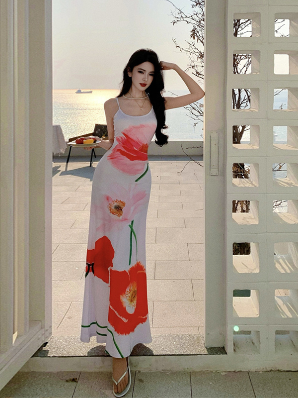 Backless Floral Print Bodycon Long Dress for Women - Sexy Summer Beach Vacation Style