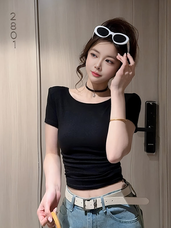 Backless Lace Splicing Short Sleeve T-Shirt for Women - Sweet and Spicy Summer Slim Fit Top, Trendy Y2K Style Backless Lace Splicing Short Sleeve T-Shirt for Women - Sweet and Spicy Summer Slim Fit Top, Trendy Y2K Style