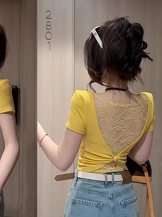 Backless Lace Splicing Short Sleeve T-Shirt for Women - Sweet and Spicy Summer Slim Fit Top, Trendy Y2K Style