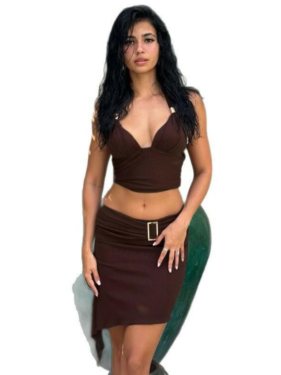 Backless Metallic Tube Top and Diagonal Hem Skirt Two-Piece Set with V-Neck and Tie-Back - Summer European American Style Backless Metallic Tube Top and Diagonal Hem Skirt Two-Piece Set with V-Neck and Tie-Back - Summer European American Style