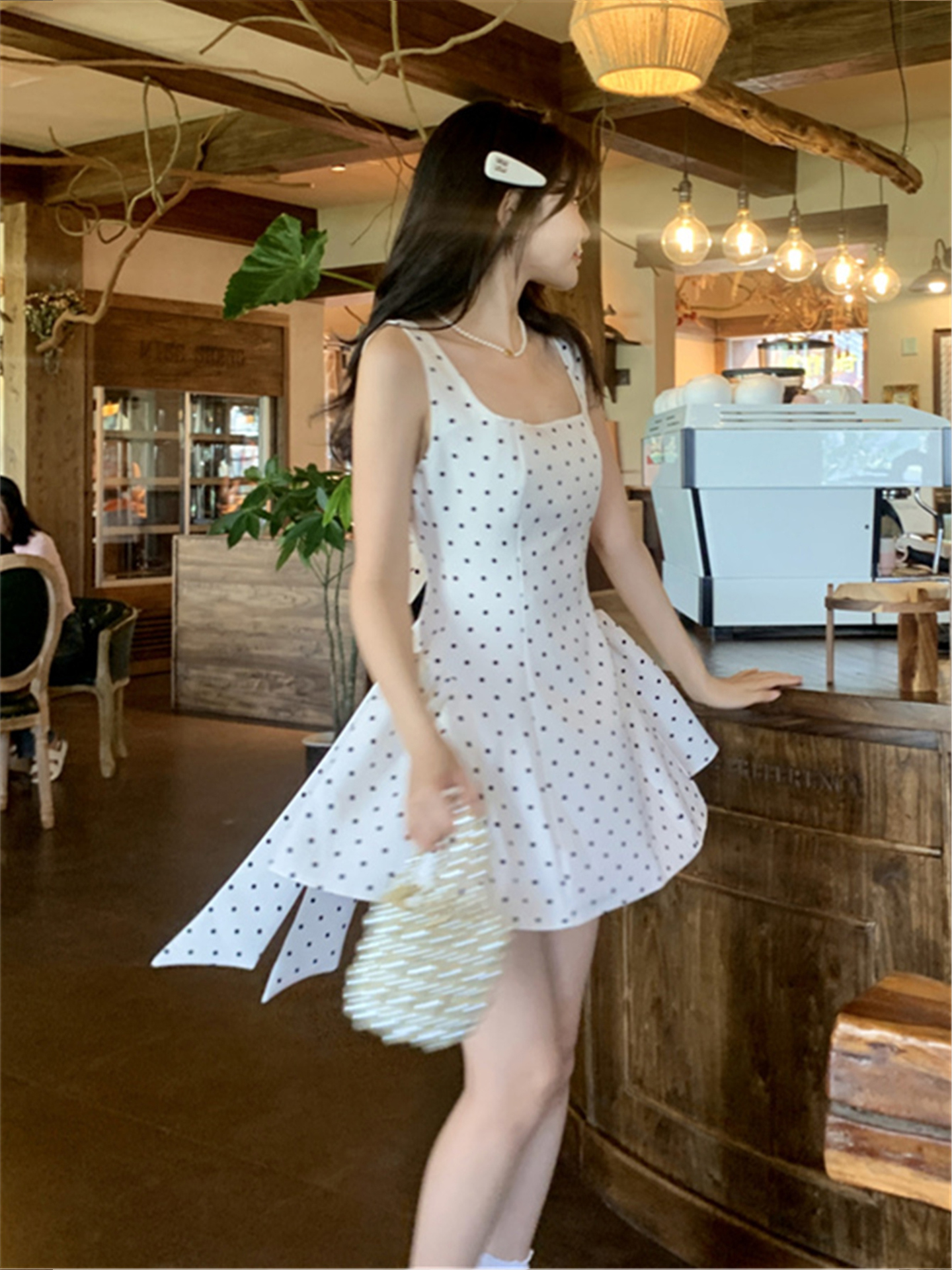 Backless Polka Dot Dress with Bow, Waist-Cinching Pleated Skirt, Slimming Eccentric Style for Women - Perfect for Y2K Fashion Backless Polka Dot Dress with Bow, Waist-Cinching Pleated Skirt, Slimming Eccentric Style for Women - Perfect for Y2K Fashion