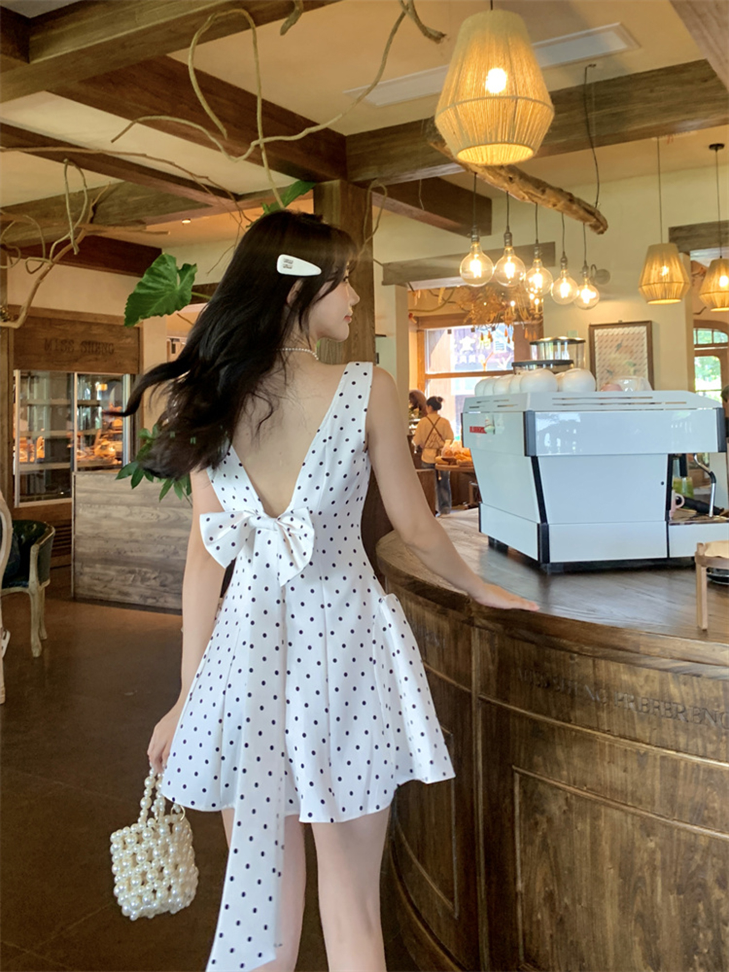 Backless Polka Dot Dress with Bow, Waist-Cinching Pleated Skirt, Slimming Eccentric Style for Women - Perfect for Y2K Fashion Backless Polka Dot Dress with Bow, Waist-Cinching Pleated Skirt, Slimming Eccentric Style for Women - Perfect for Y2K Fashion