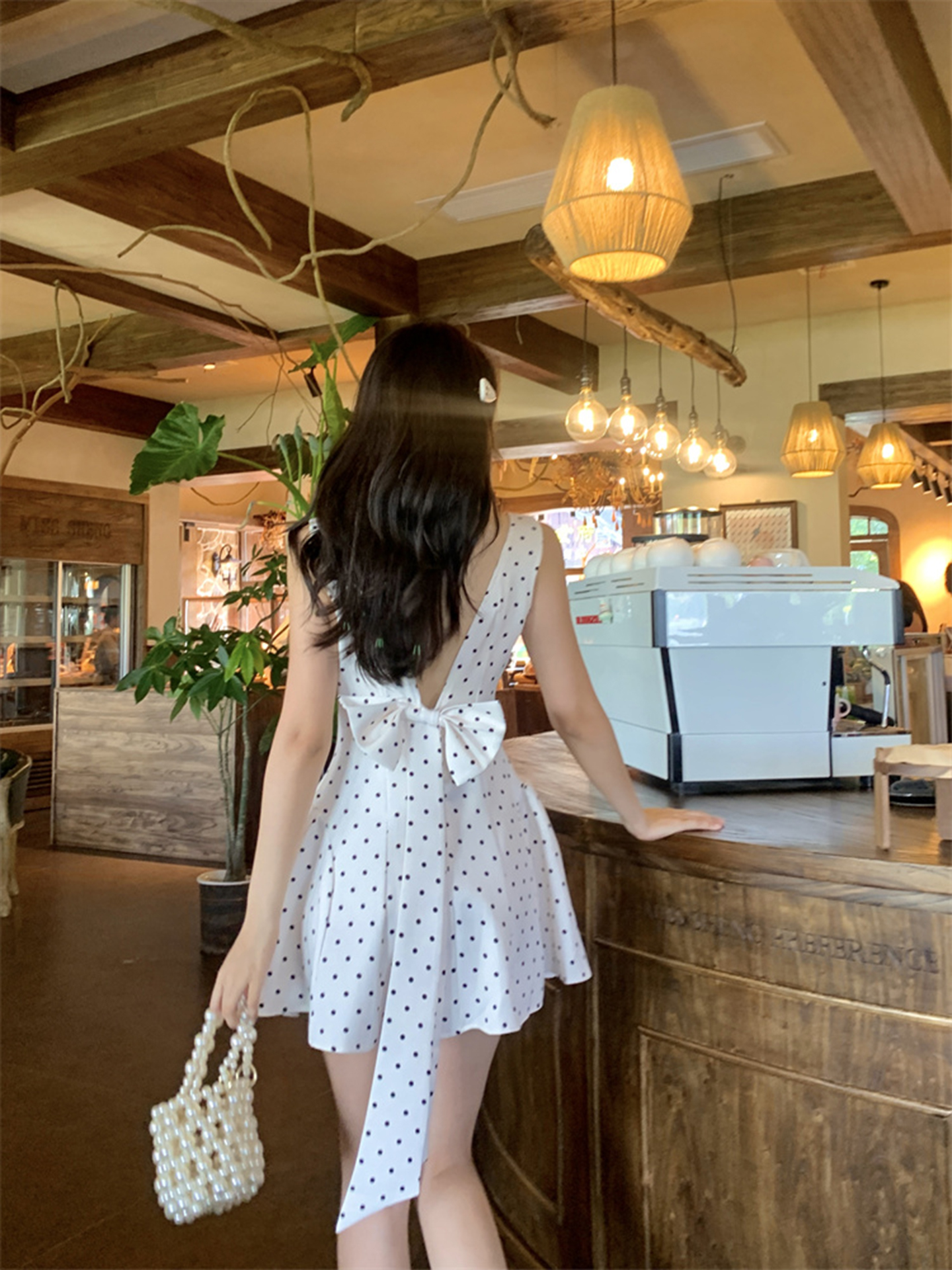 Backless Polka Dot Dress with Bow, Waist-Cinching Pleated Skirt, Slimming Eccentric Style for Women - Perfect for Y2K Fashion Backless Polka Dot Dress with Bow, Waist-Cinching Pleated Skirt, Slimming Eccentric Style for Women - Perfect for Y2K Fashion