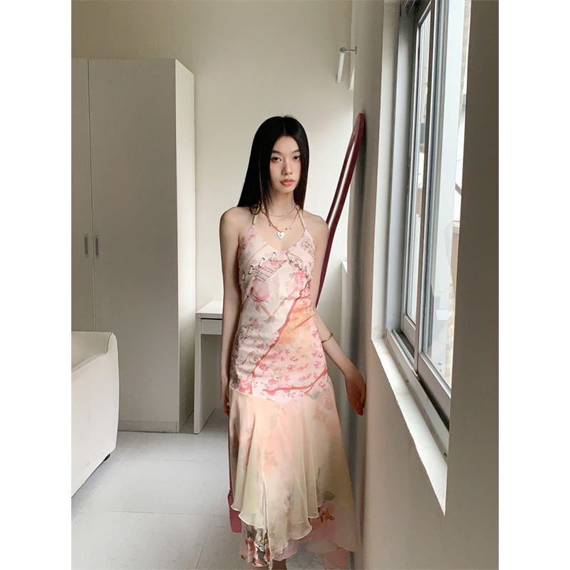 Backless Printed Spaghetti Strap Dress - Eccentric Slim A-Line Summer Vacation Style