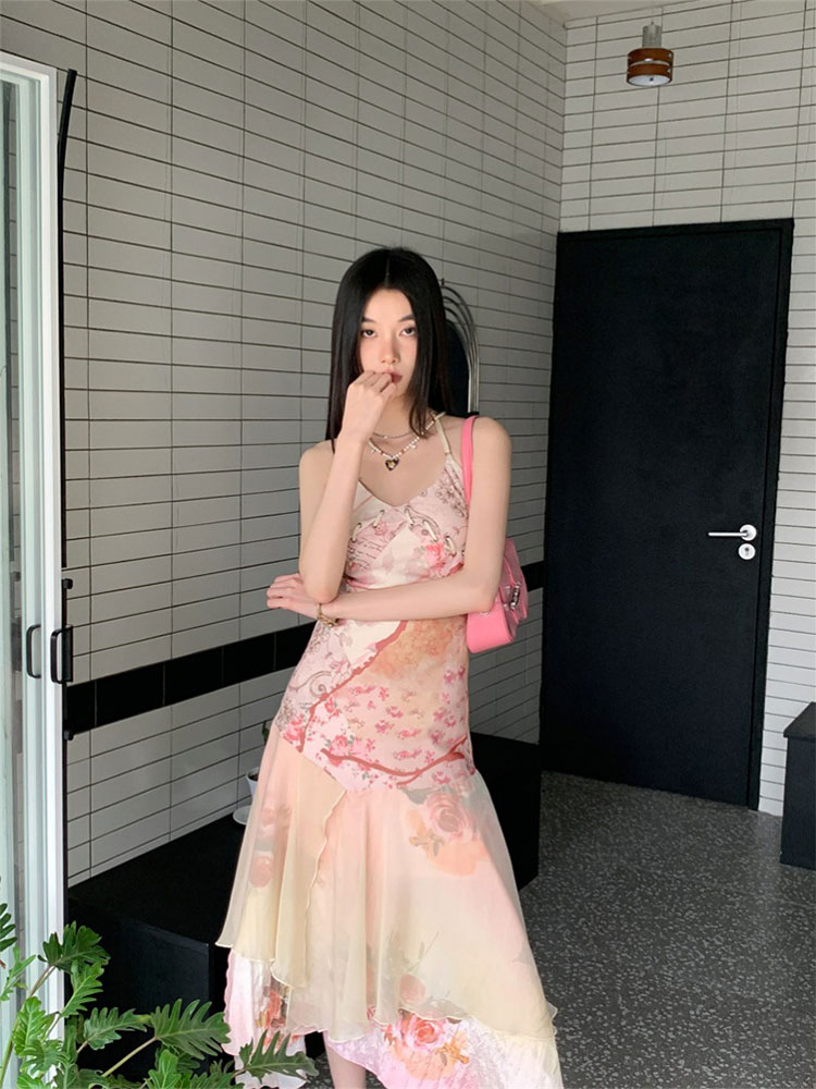 Backless Printed Spaghetti Strap Dress - Eccentric Slim A-Line Summer Vacation Style