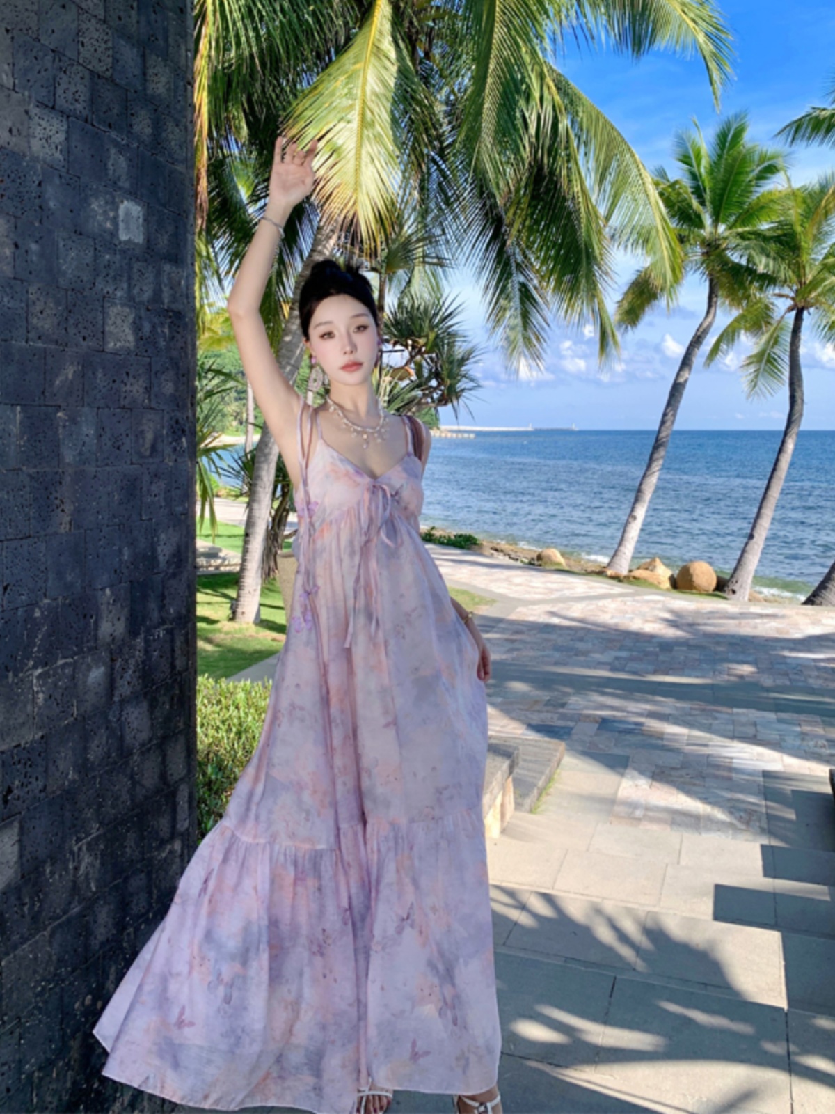 Backless Purple Fairy Dress with Bow, Oil Painting Gradient, Temperament Style for Seaside Vacation, Y2K Aesthetic Backless Purple Fairy Dress with Bow, Oil Painting Gradient, Temperament Style for Seaside Vacation, Y2K Aesthetic